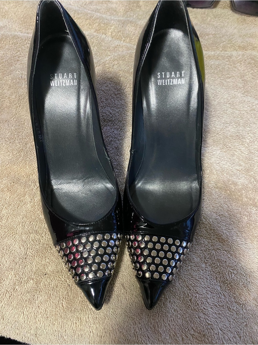 Stuart Weitzman Black Patent Studded Cap Toe Pumps – Size 8